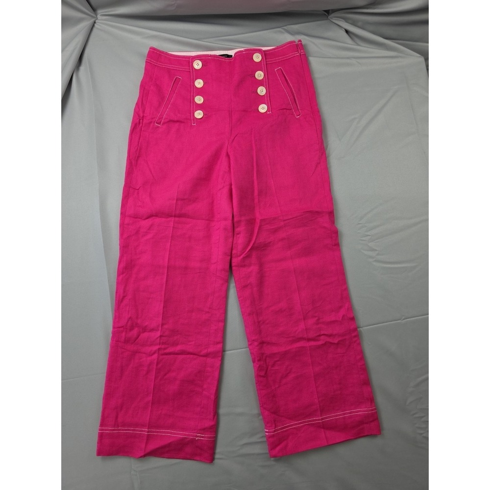 J Crew Pants Womens Sailor Button Pink White Stitching Linen Wide Leg Sz 6 Lined